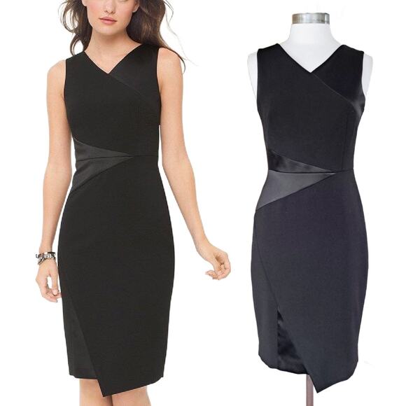 White House Black Market Asymmetric Black Sheath Dress Size 4 Satin Crepe - Picture 1 of 10